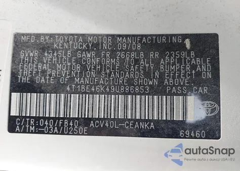 2009 Toyota Camry Le из США, поврежденный, VIN 4T1BE46K49U886853